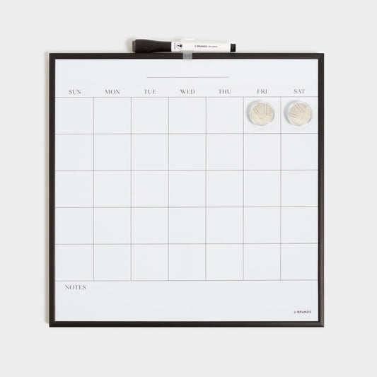 Black Metal Frame, Dry Erase Monthly Calendar, White, 14" X 14" 