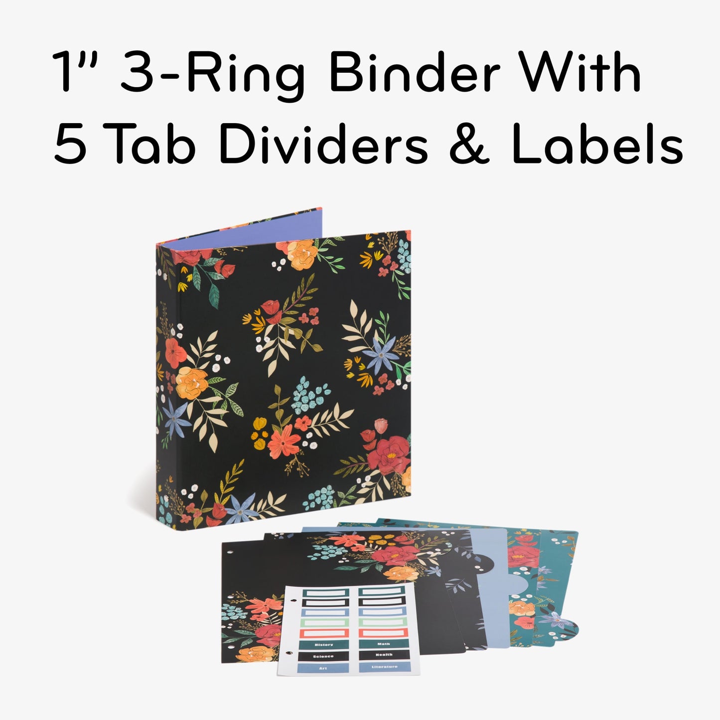 Midnight Blossoms, 1" Binder X 5 Tab Divider Set, Assorted Colors, 12.01" X 10.76" X 2.01" 