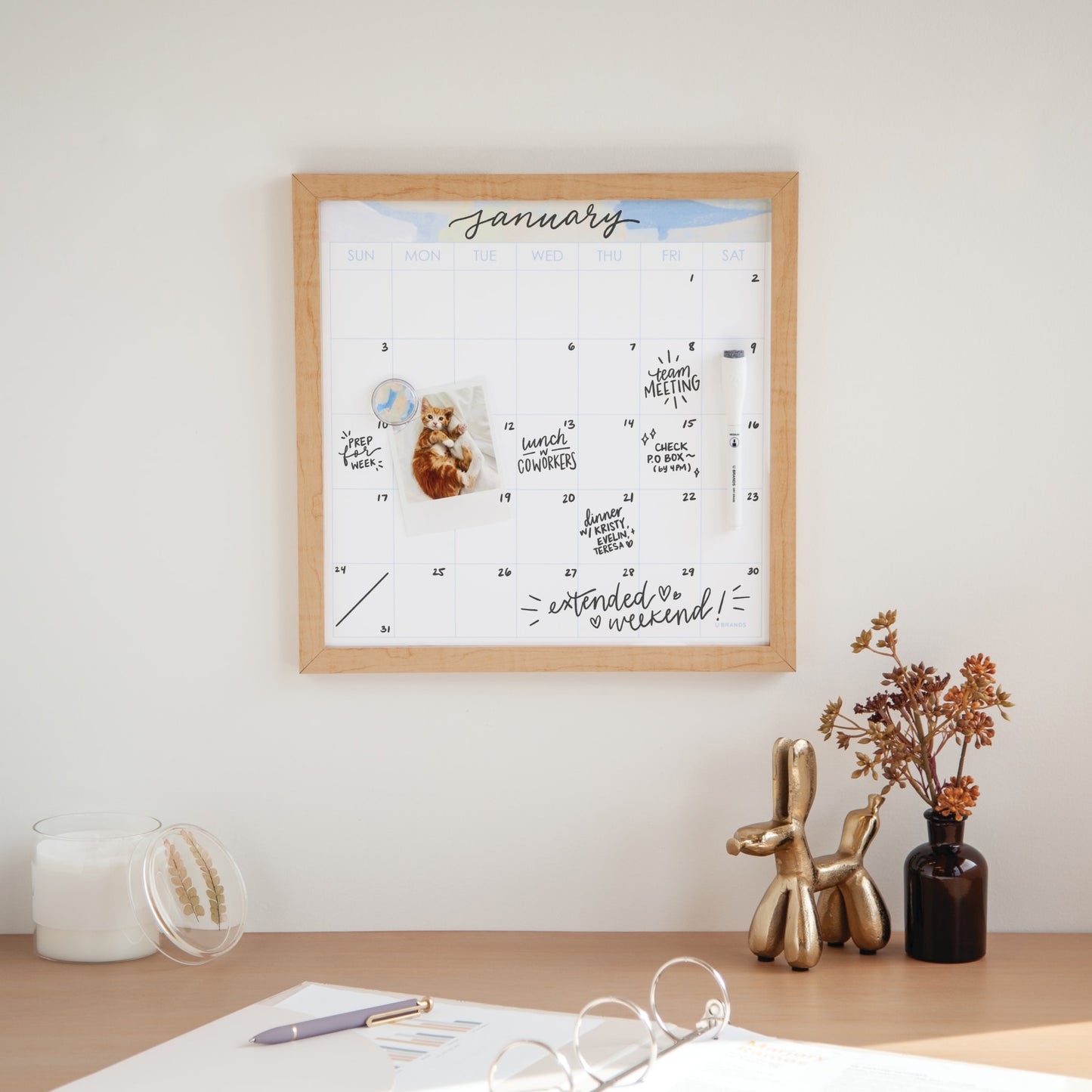 Assorted Colors Color, 14" X 14" Size, U Brands Monthly Dry Erase Calendar, 14" x 14", Wood Style Frame, Artistic Touch, Includes Magnet and Magnetic Marker With Built-in Eraser, 6994U00-04