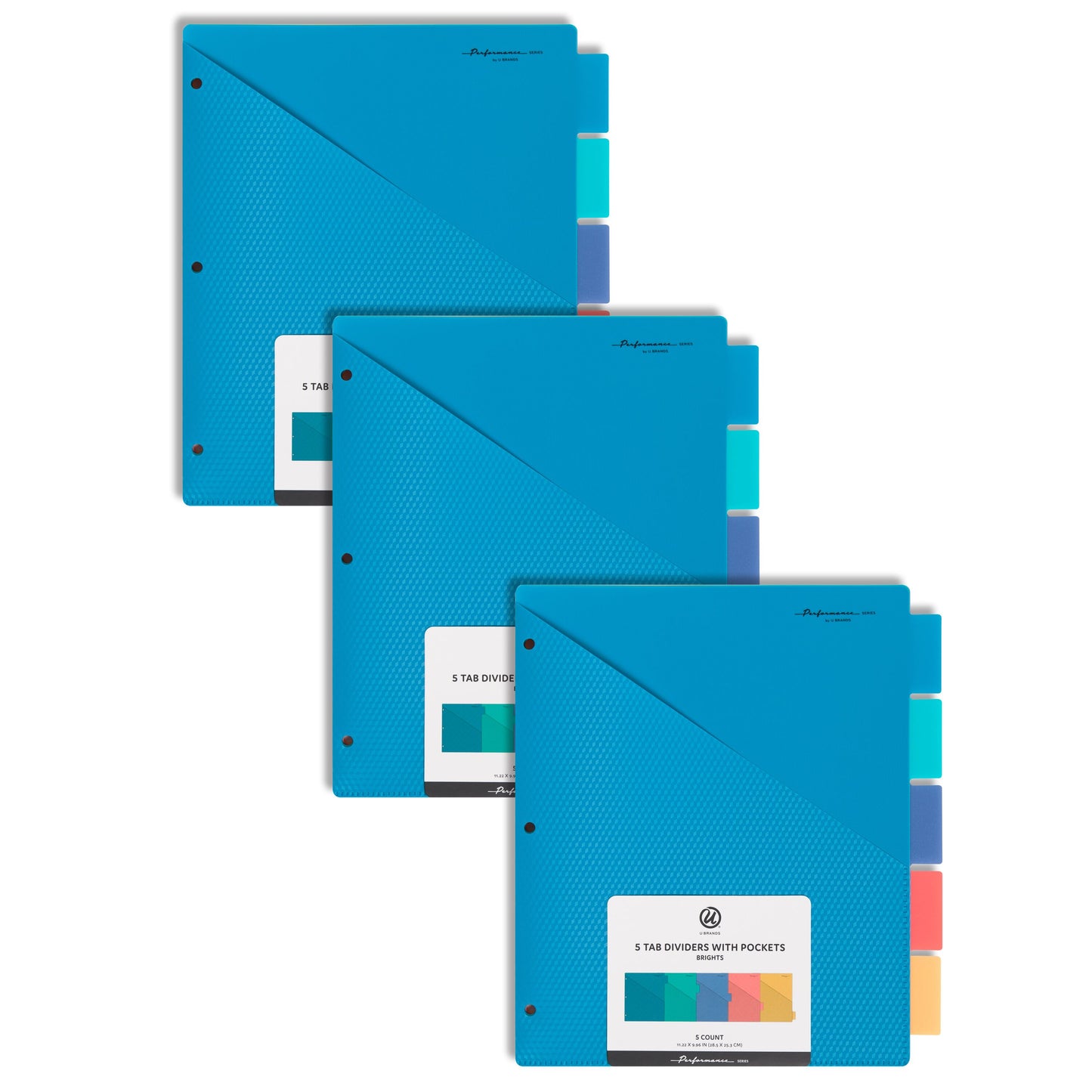 U Brands Poly Performance 5 Tab Dividers with Pocket, brights, 3 pack