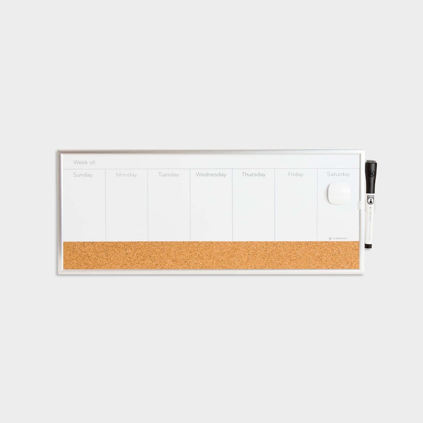 Silver Metal Frame, Dry Erase Weekly Calendar + Cork Strip 