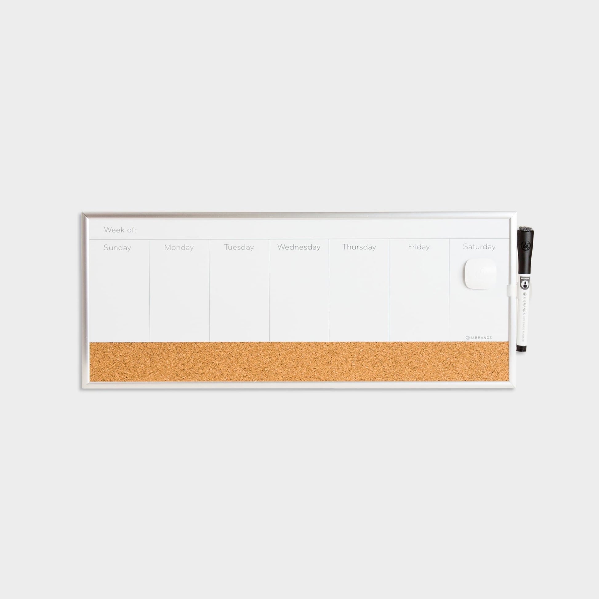 Silver Metal Frame, Dry Erase Weekly Calendar + Cork Strip 