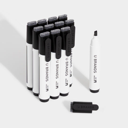 U Brands Midnight Edge Chisel Clip Dry Erase Markers, black, 12 count