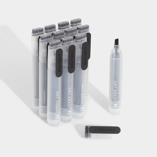 U Brands Clear Edge Chisel Clip Dry Erase Markers, black, 12 count