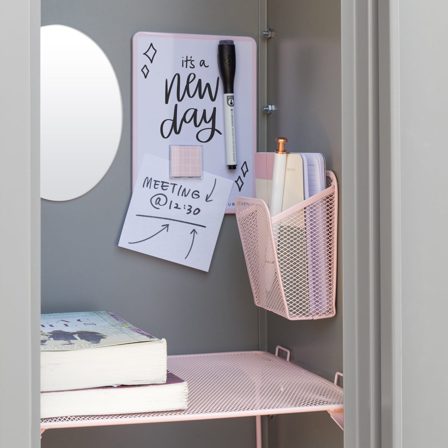 Pretty In Pink, Mesh Shelf Locker Kit, Blush, Dry Erase Board - 5" X 8"
Mirror - 5" X 6.5" 