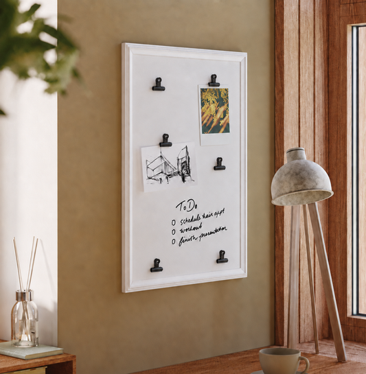 A white rectangular magnetic whiteboard with black clips, mounted on a beige wall in a warm, modern room. The whiteboard is styled with a 'To Do' list and a picture, surrounded by a wooden floor lamp, a glass reed diffuser, and a coffee cup. - alternate view