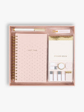 Pink journal kit with gold and white pen and sticker book for taking notes
